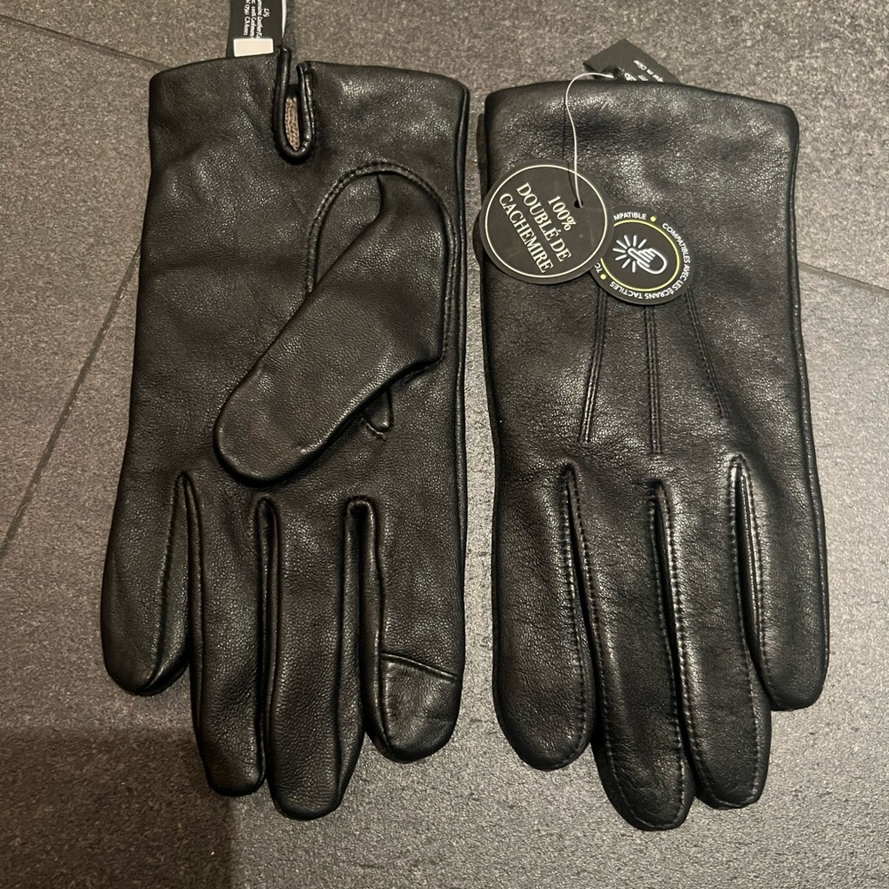 Fowne Brothers Black Leather cashmere Men's Gloves Large NWT $98 touch screen